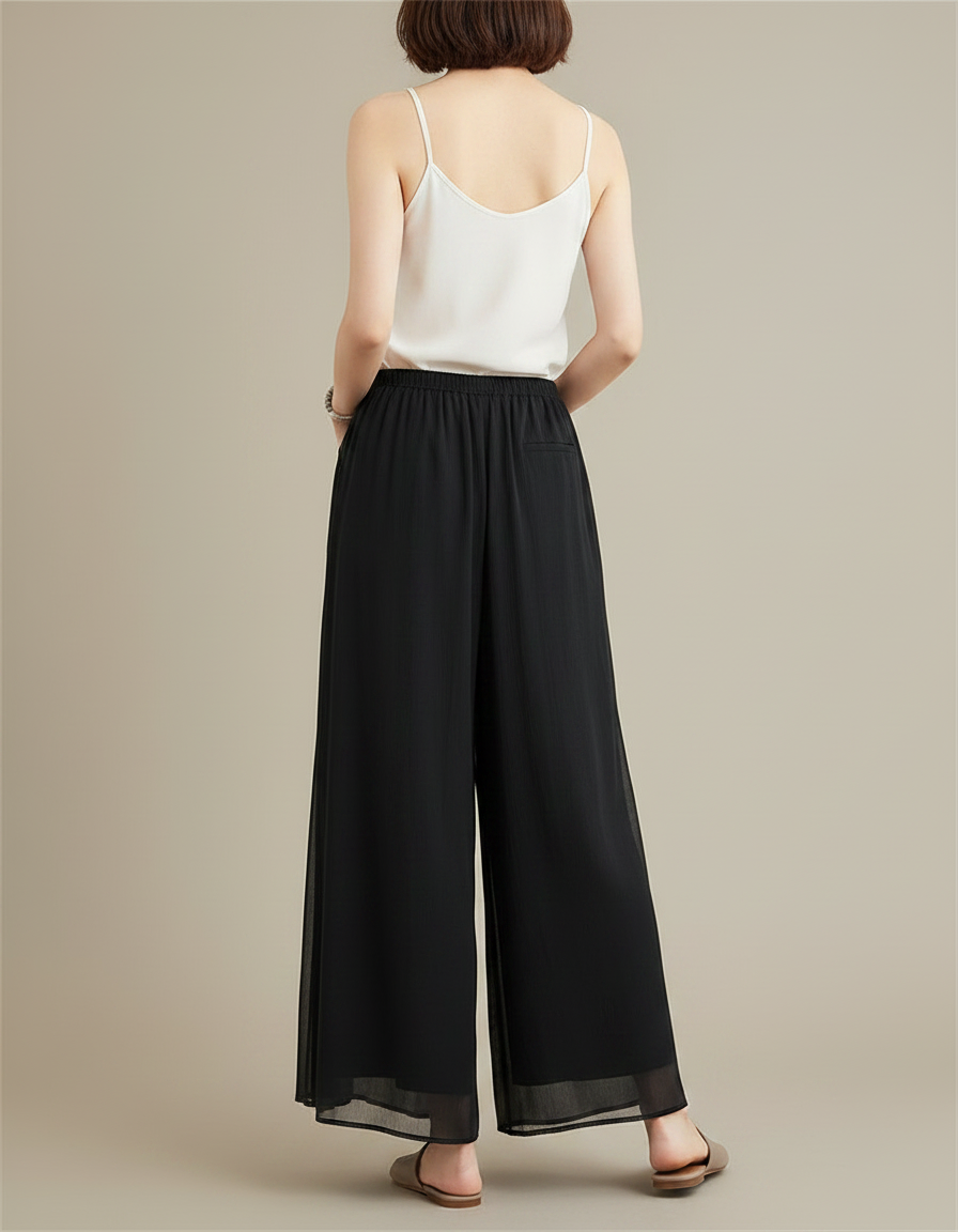 Pantalon Chinois Noir Ample Fluide Transparent Élégant - Polyester - vue 2