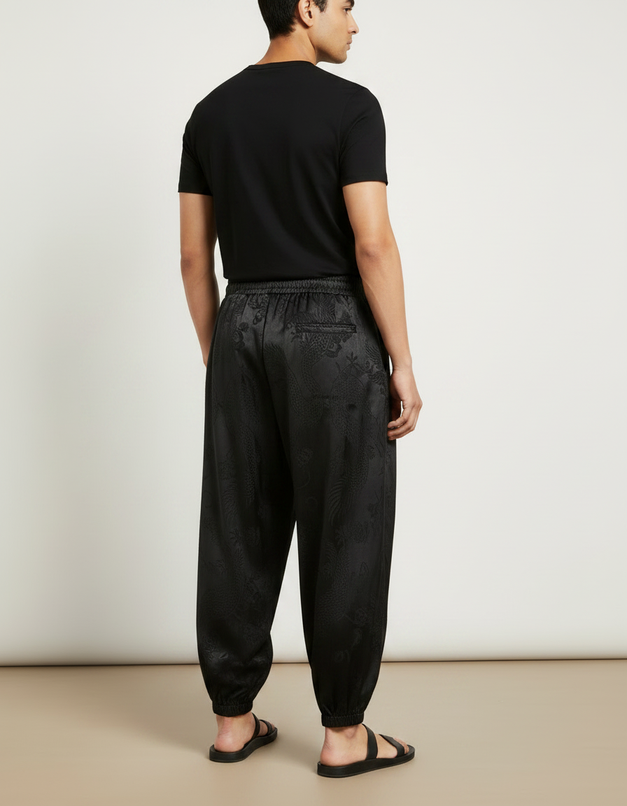 Pantalon Chinois Noir Satiné Ample Dragon Homme - vue 2