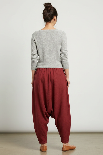Pantalon Chinois Rouge Harem Lin Ample Décontracté Fluide - Bordeaux - vue 2
