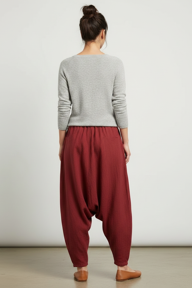 Pantalon Chinois Rouge Harem Lin Ample Décontracté Fluide - Bordeaux - vue 2