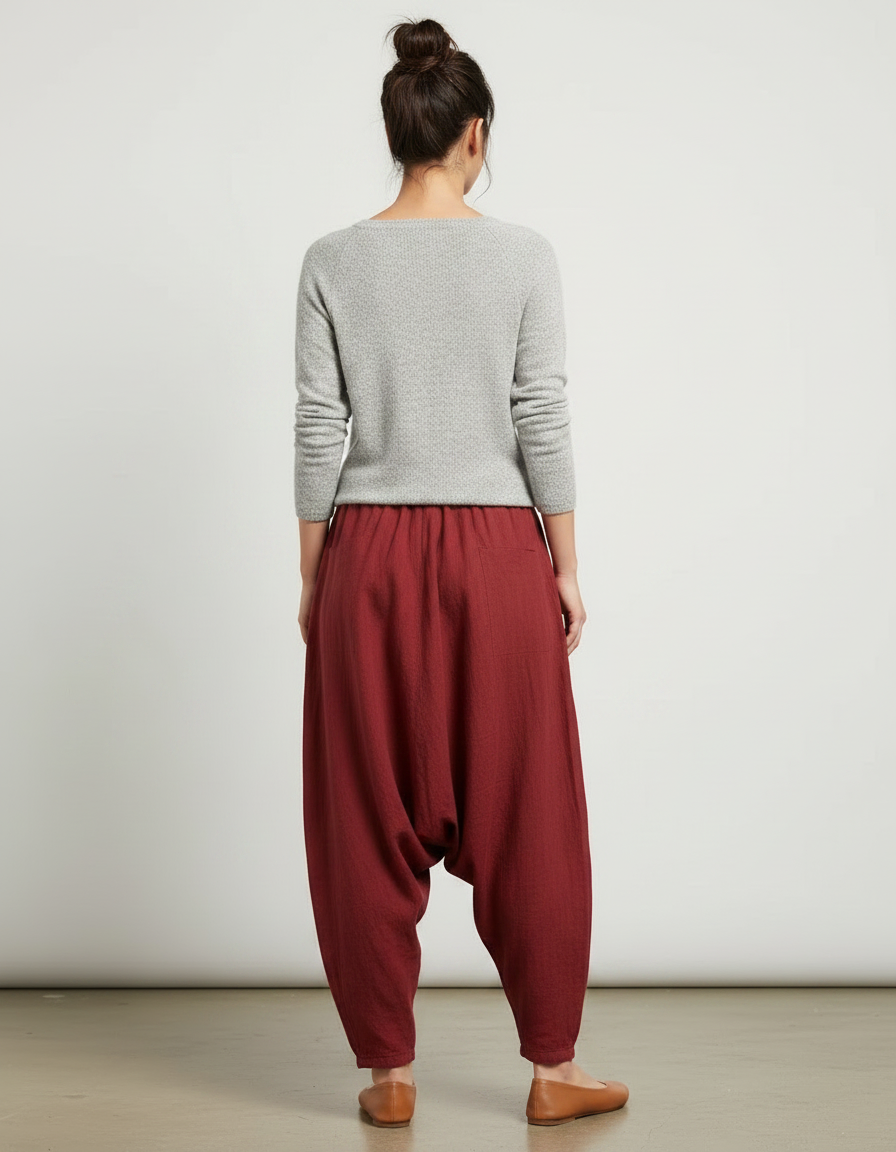 Pantalon Chinois Rouge Harem Lin Ample Décontracté Fluide - Bordeaux - vue 2