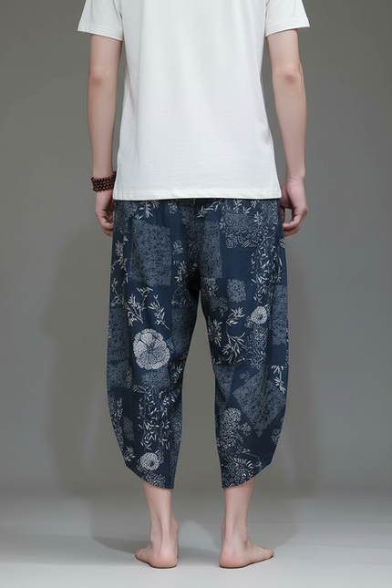 Pantalon Chinois Bleu Imprimé Floral Harem Fluide Homme - Lin - vue 2