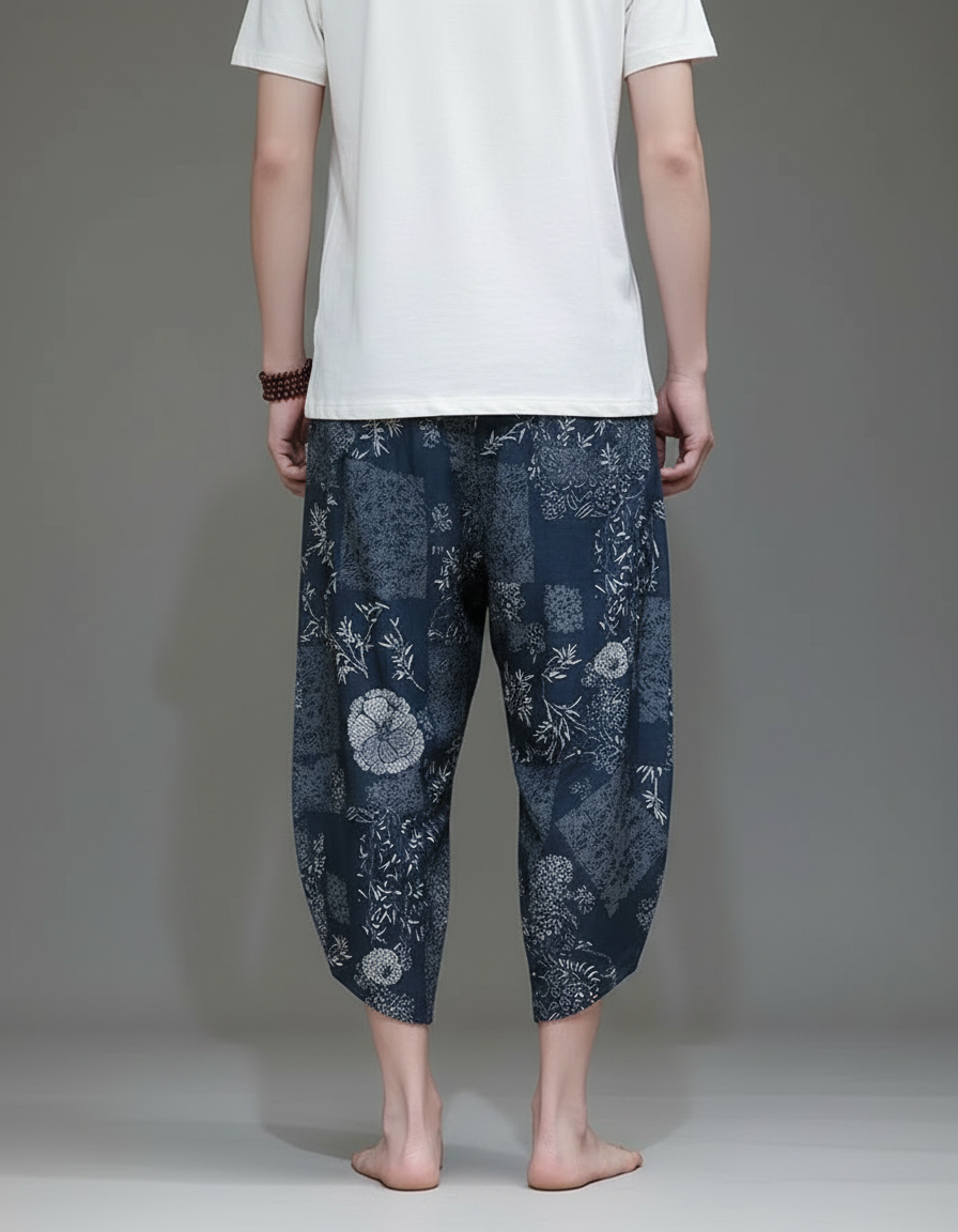 Pantalon Chinois Bleu Imprimé Floral Harem Fluide Homme - Lin - vue 2