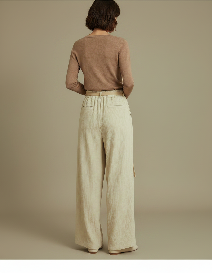 Pantalon Chinois Beige Fluide Ample Ceinturé Élégant - Lin - vue 2