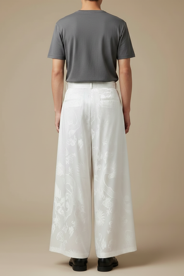 Pantalon Chinois Blanc Ample Jacquard Dragon Fluide - Satin - vue 2