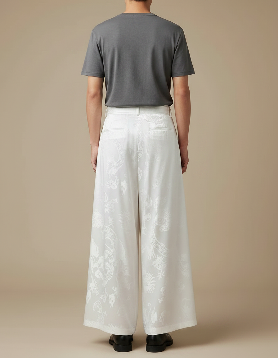 Pantalon Chinois Blanc Ample Jacquard Dragon Fluide - Satin - vue 2