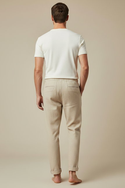 Pantalon Chinois Beige Lin Ample Décontracté Cordon - vue 2
