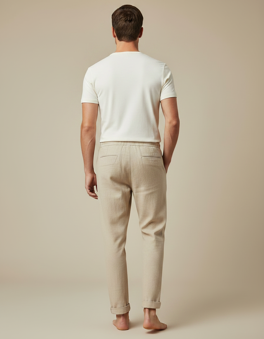 Pantalon Chinois Beige Lin Ample Décontracté Cordon - vue 2