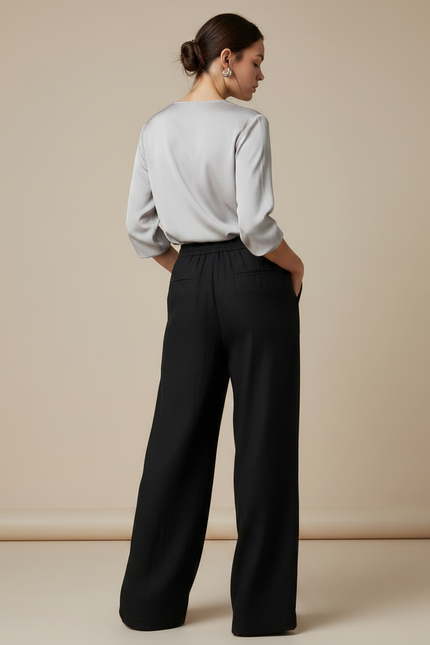 Pantalon Chinois Noir Ample Fluide Décontracté Lin - vue 2