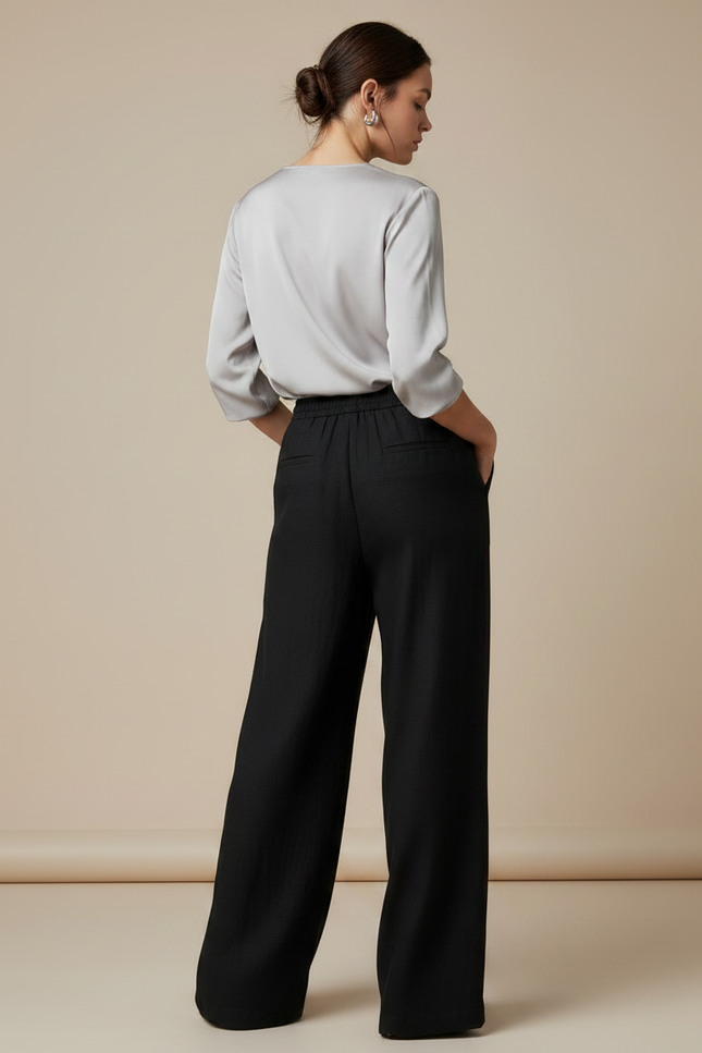 Pantalon Chinois Noir Ample Fluide Décontracté Lin - vue 2