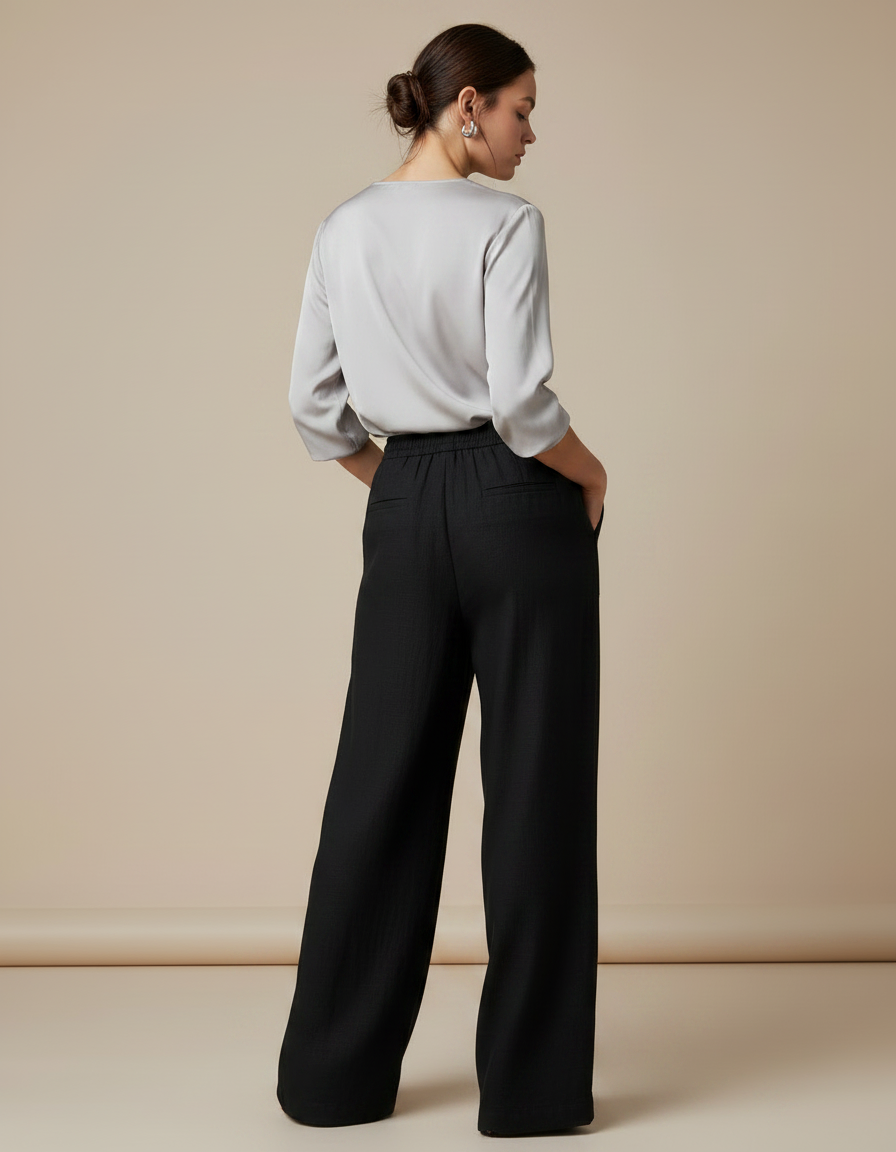 Pantalon Chinois Noir Ample Fluide Décontracté Lin - vue 2