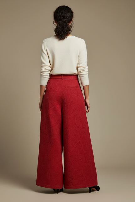 Pantalon Chinois Rouge Jacquard Ample Élégant Femme - Laine - vue 2