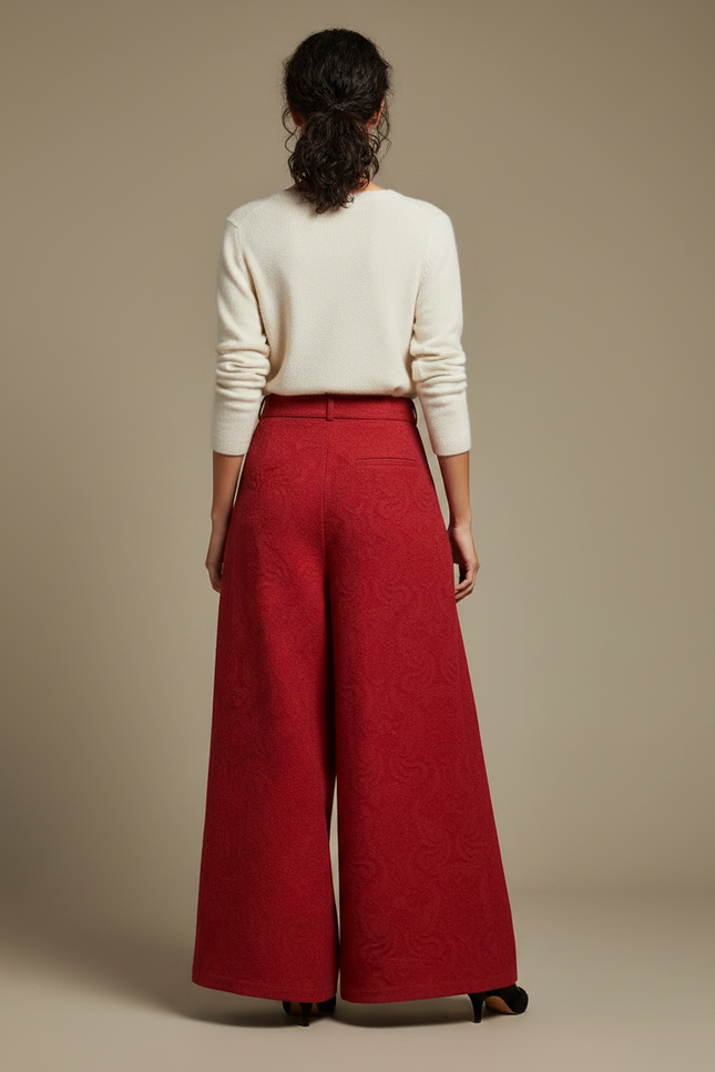 Pantalon Chinois Rouge Jacquard Ample Élégant Femme - Laine - vue 2