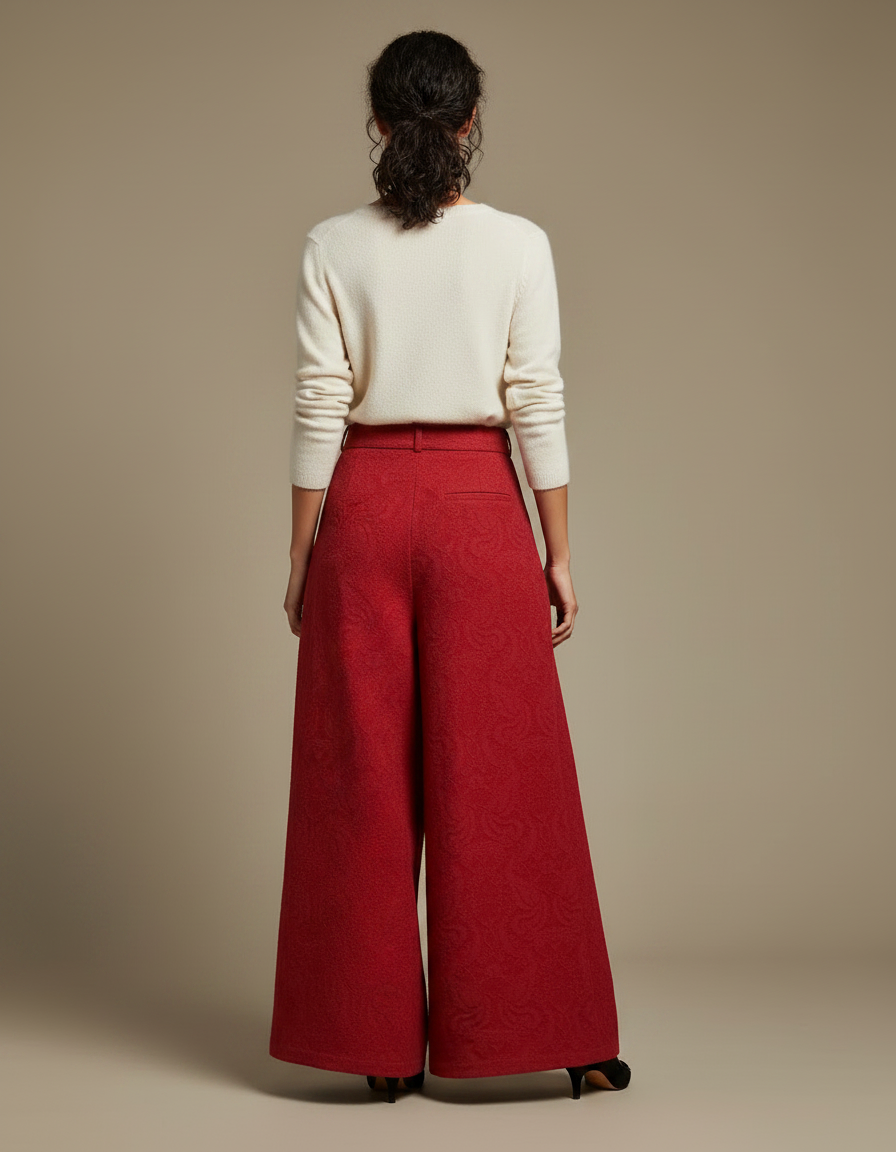 Pantalon Chinois Rouge Jacquard Ample Élégant Femme - Laine - vue 2