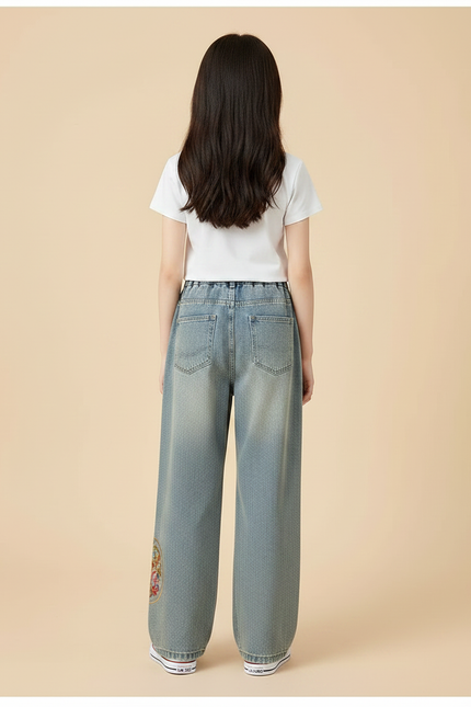 Pantalon Chinois Jeans Brodé Ample Fille Décontracté - Bleu - vue 2