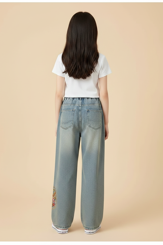 Pantalon Chinois Jeans Brodé Ample Fille Décontracté - Bleu - vue 2