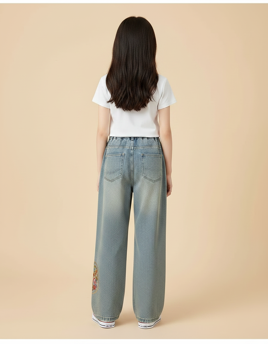 Pantalon Chinois Jeans Brodé Ample Fille Décontracté - Bleu - vue 2