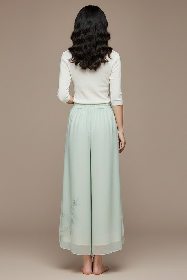 Pantalon Chinois Vert Fluide Brodé Floral Femme - Soie - vue 2
