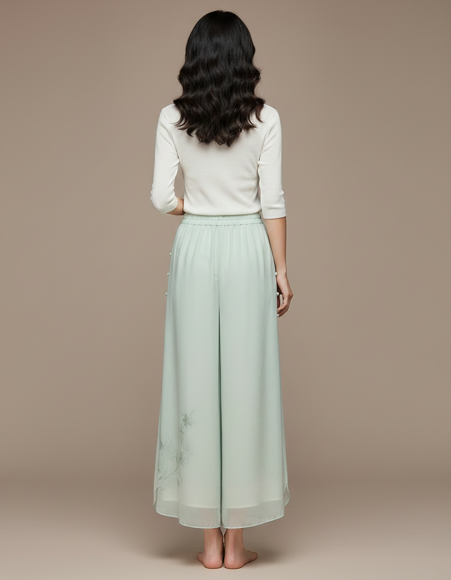 Pantalon Chinois Vert Fluide Brodé Floral Femme - Soie - vue 2