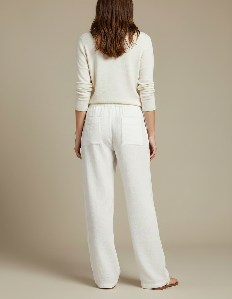 Pantalon Chinois Blanc Lin Ample Cordon Décontracté - vue 2