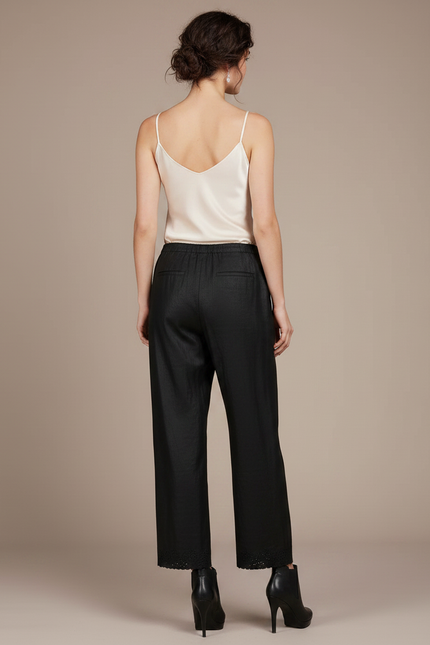 Pantalon Chinois Noir Brodé Coupe Droite Femme Soie Fluide - vue 2