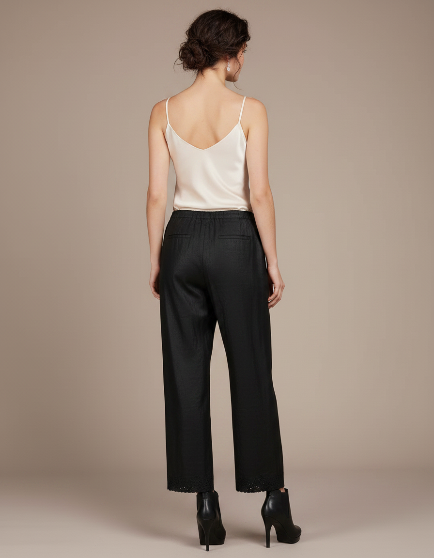 Pantalon Chinois Noir Brodé Coupe Droite Femme Soie Fluide - vue 2