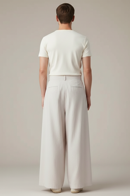 Pantalon Chinois Écru Ample Plissé Ceinture Décontracté - Beige Lin - vue 2