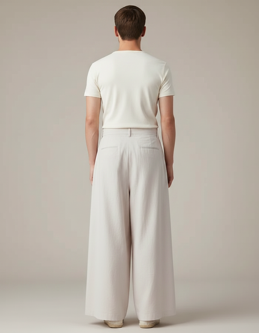 Pantalon Chinois Écru Ample Plissé Ceinture Décontracté - Beige Lin - vue 2