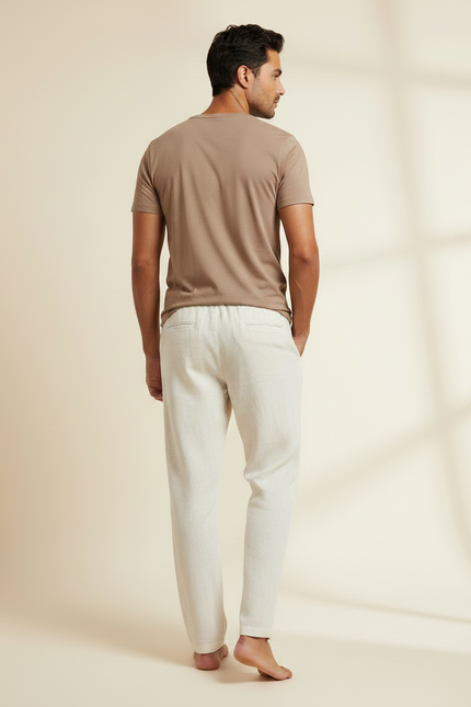 Pantalon Chinois Crème Lin Ample Décontracté Homme - Beige - vue 2