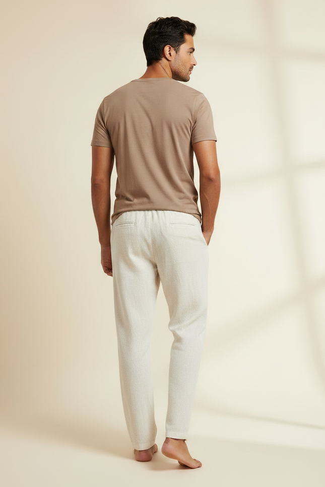Pantalon Chinois Crème Lin Ample Décontracté Homme - Beige - vue 2