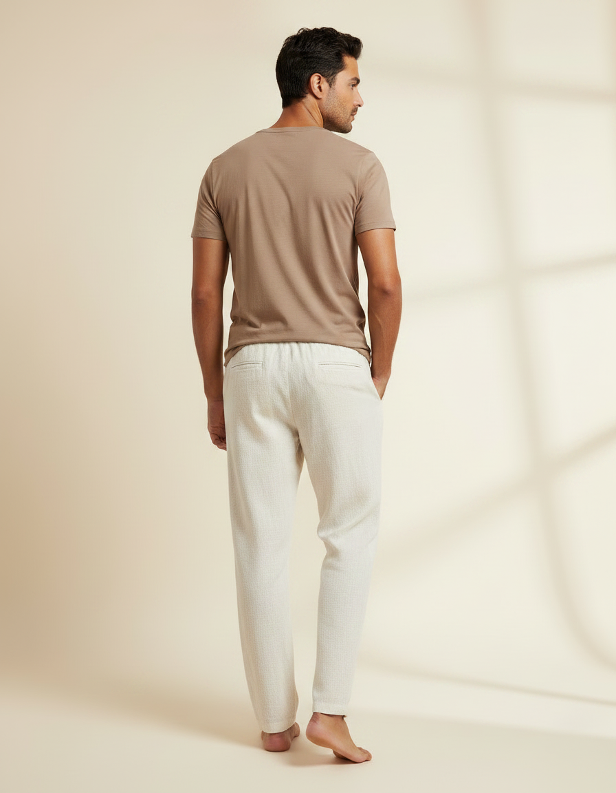 Pantalon Chinois Crème Lin Ample Décontracté Homme - Beige - vue 2
