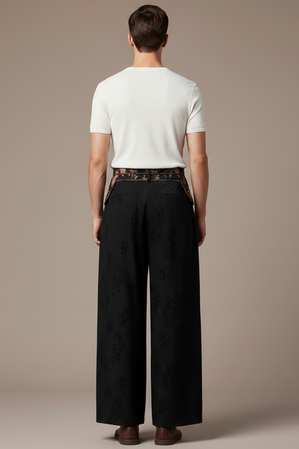Pantalon Chinois Noir Brodé Ample Jacquard Fluide - Viscose - vue 2