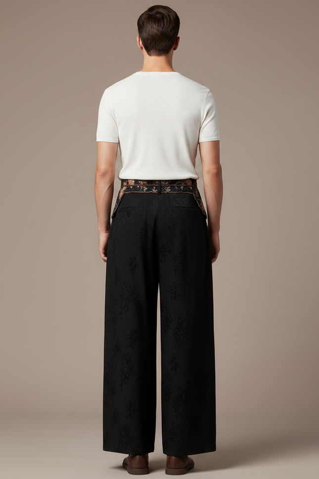 Pantalon Chinois Noir Brodé Ample Jacquard Fluide - Viscose - vue 2