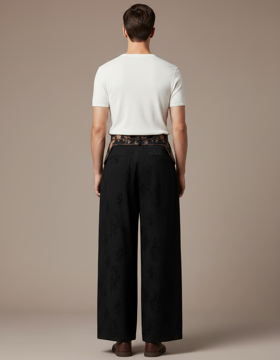 Pantalon Chinois Noir Brodé Ample Jacquard Fluide - Viscose - vue 2
