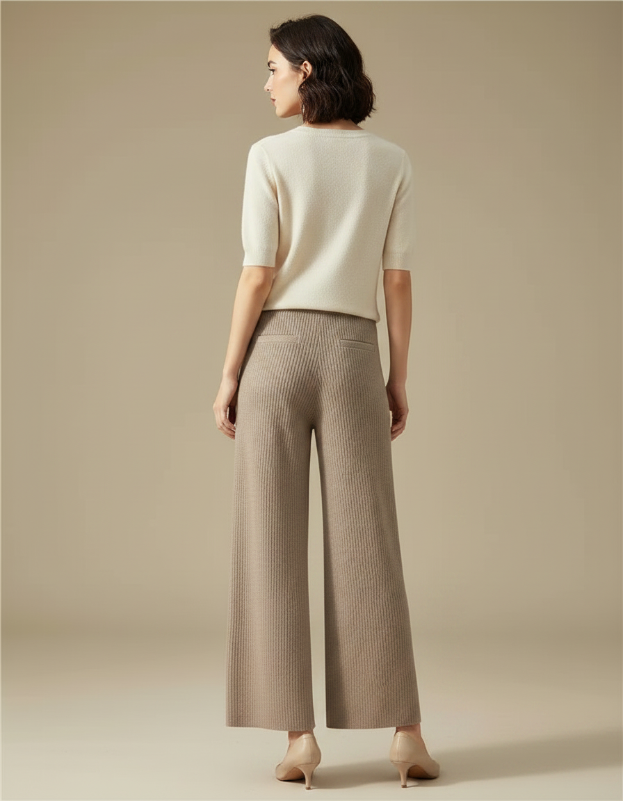 Pantalon Chinois Maille Beige Ample Droit Décontracté - vue 2
