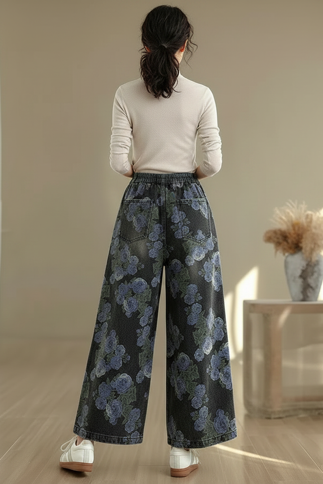 Pantalon Chinois Denim Fleuri Ample Décontracté Élastique - Multicolore Jean - vue 2