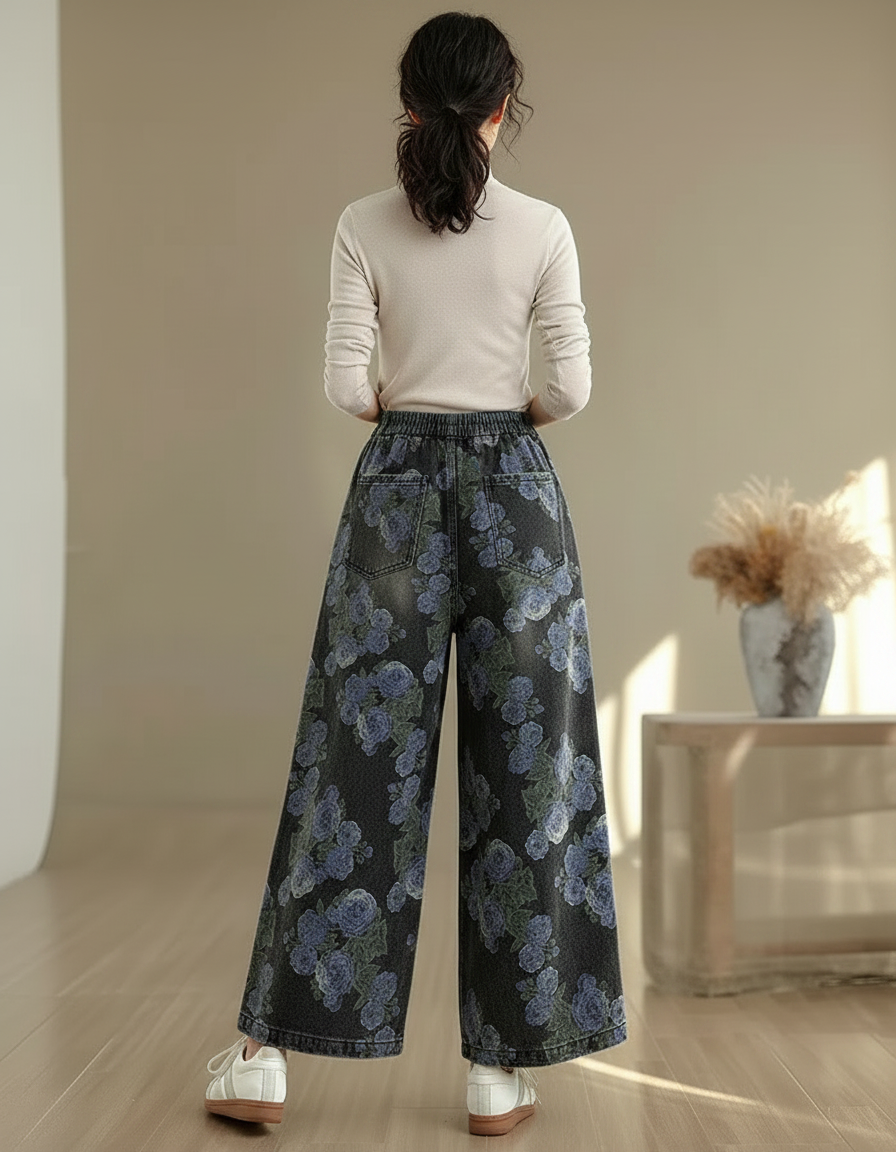 Pantalon Chinois Denim Fleuri Ample Décontracté Élastique - Multicolore Jean - vue 2