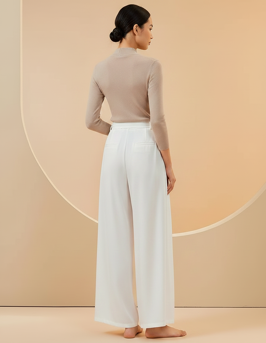 Pantalon Chinois Blanc Fluide Ample Ceinturé Élégant - Polyester - vue 2