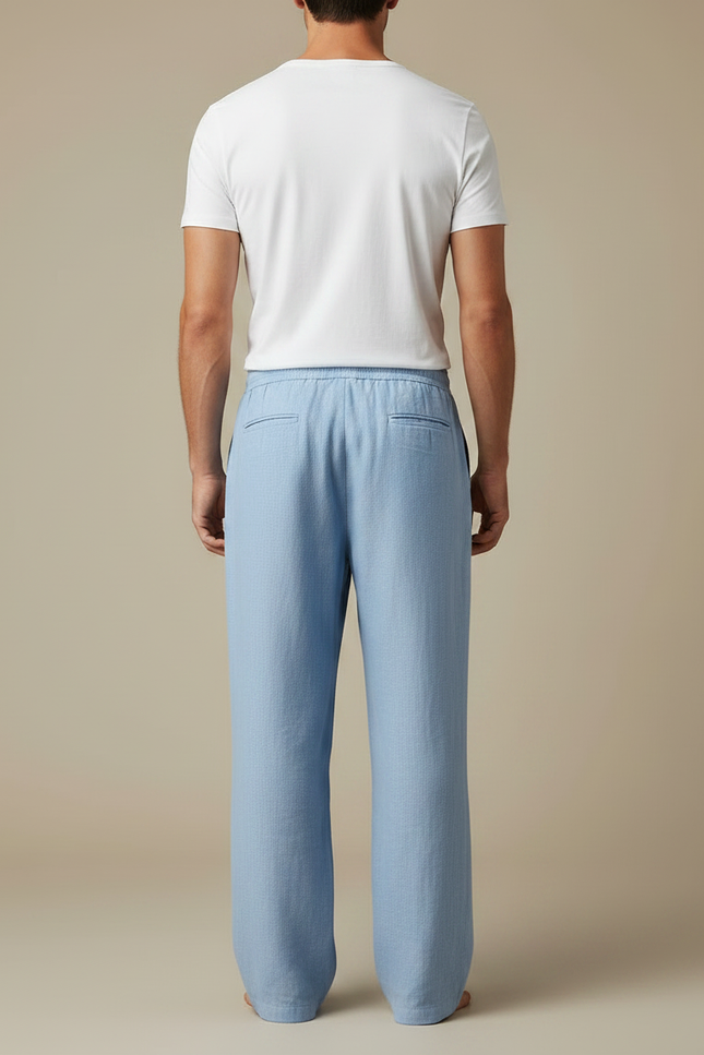 Pantalon Chinois Lin Bleu Ample Cordon Homme - vue 2