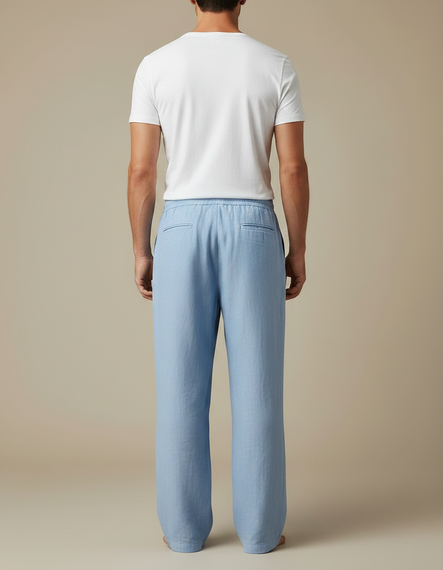 Pantalon Chinois Lin Bleu Ample Cordon Homme - vue 2