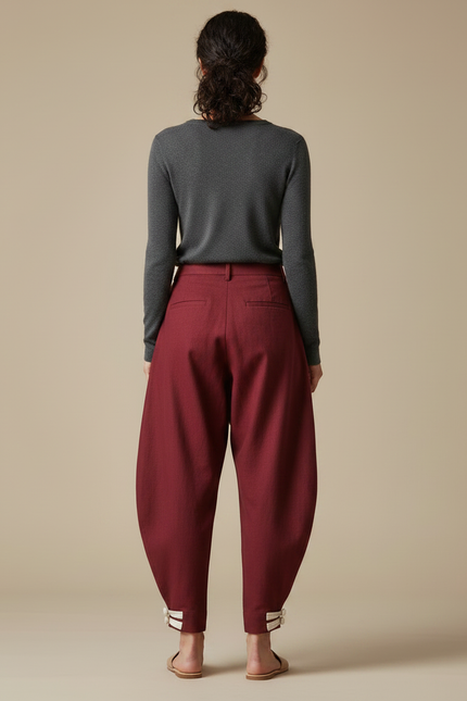 Pantalon Chinois Bordeaux Bouffant Plissé Coton Femme - vue 2