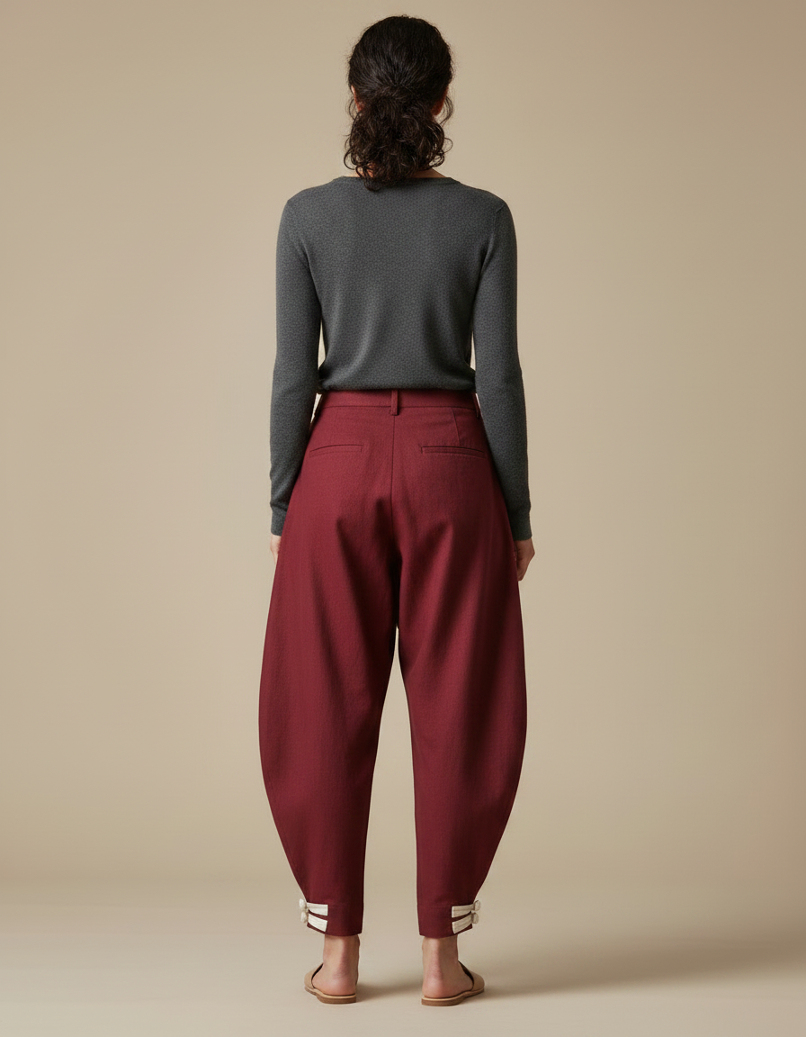 Pantalon Chinois Bordeaux Bouffant Plissé Coton Femme - vue 2