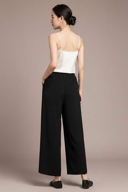 Pantalon Chinois Noir Fluide Brodé Élégant Femme - Polyester - vue 2