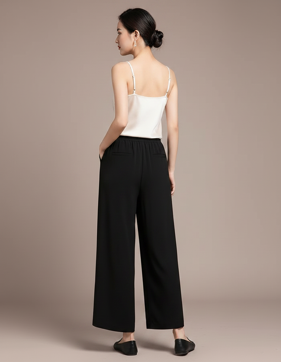 Pantalon Chinois Noir Fluide Brodé Élégant Femme - Polyester - vue 2