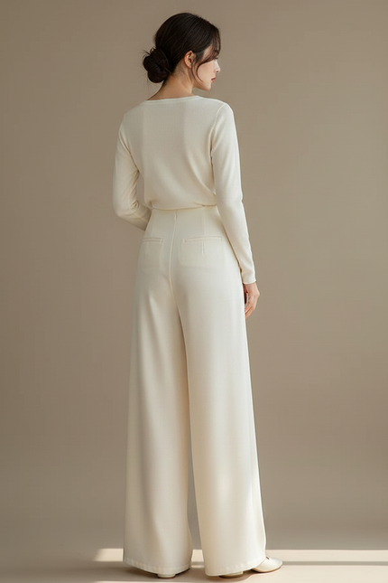 Pantalon Chinois Blanc Cassé Taille Haute Fluide Élégant - Beige Satin - vue 2