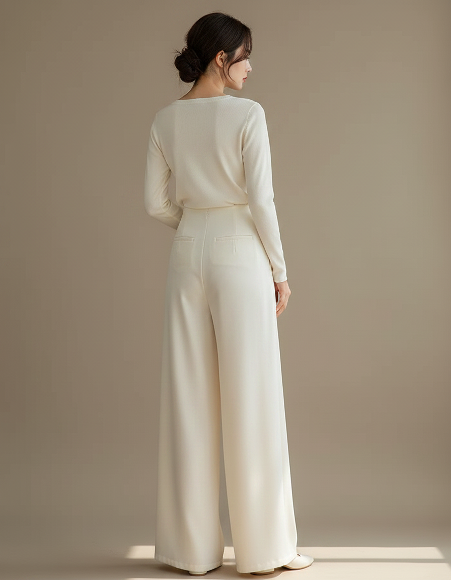 Pantalon Chinois Blanc Cassé Taille Haute Fluide Élégant - Beige Satin - vue 2