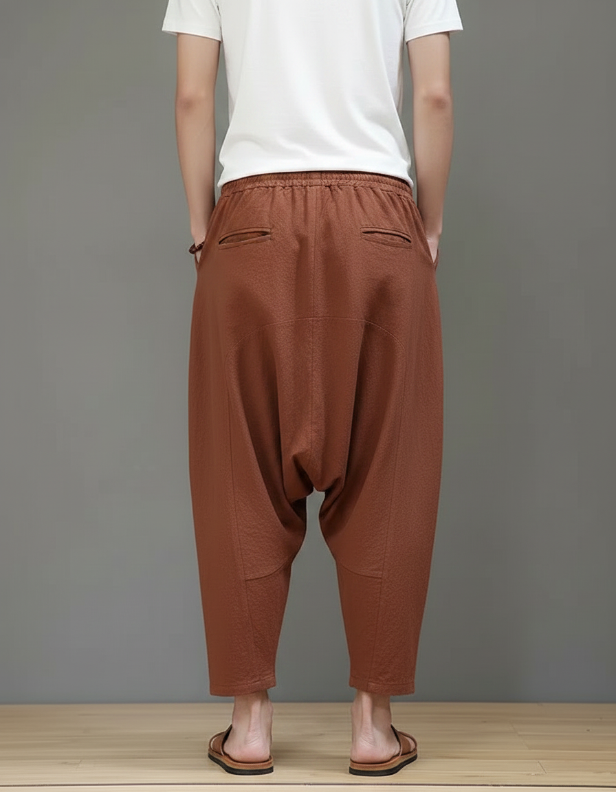 Pantalon Chinois Harem Ample Coton Marron Décontracté - vue 2