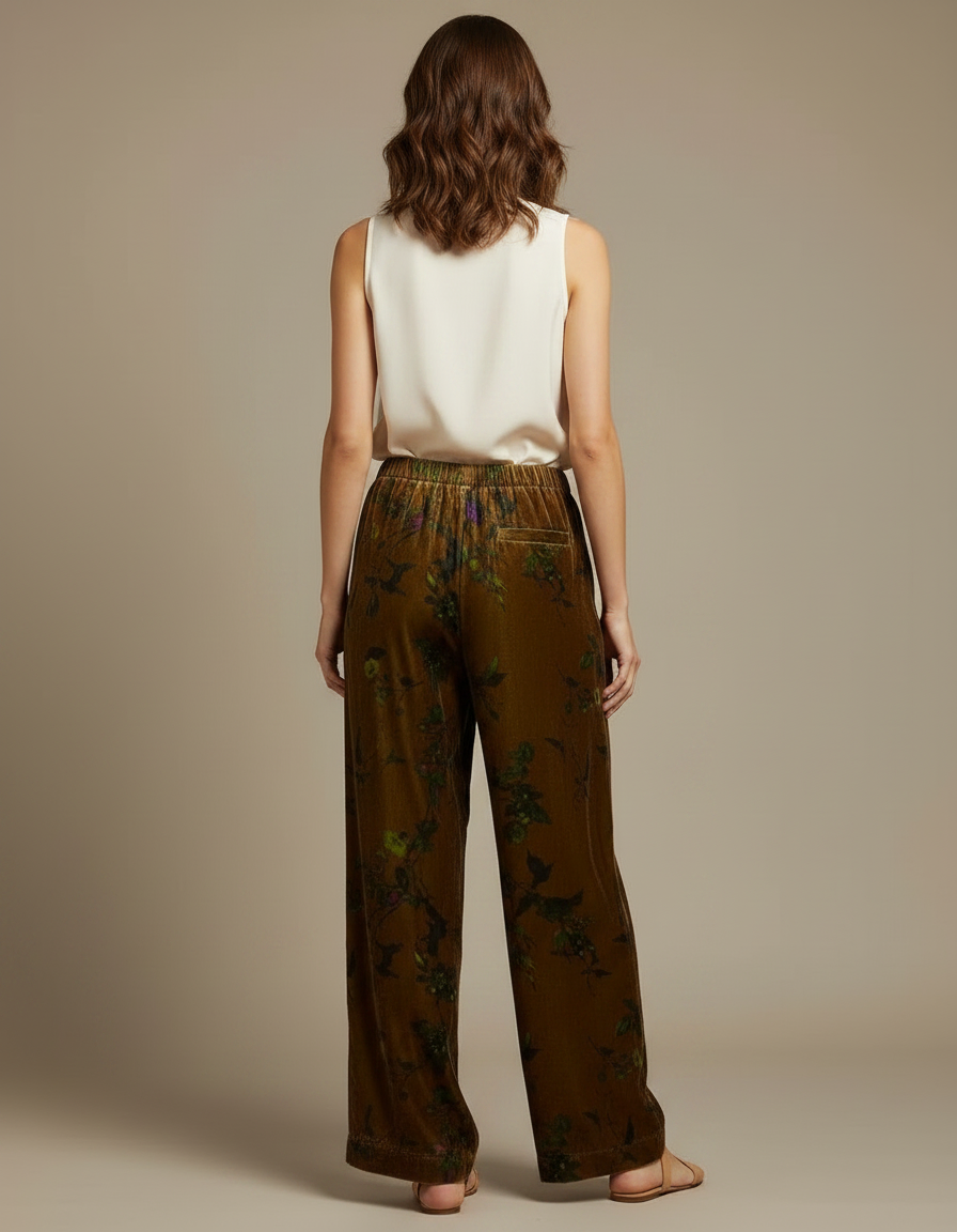 Pantalon Chinois Velours Floral Ample Marron Bohème - vue 2