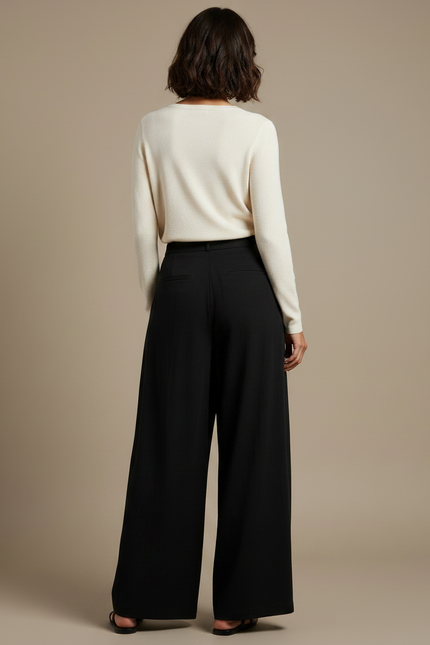Pantalon Chinois Noir Ample Plissé Décontracté Fluide - Viscose - vue 2