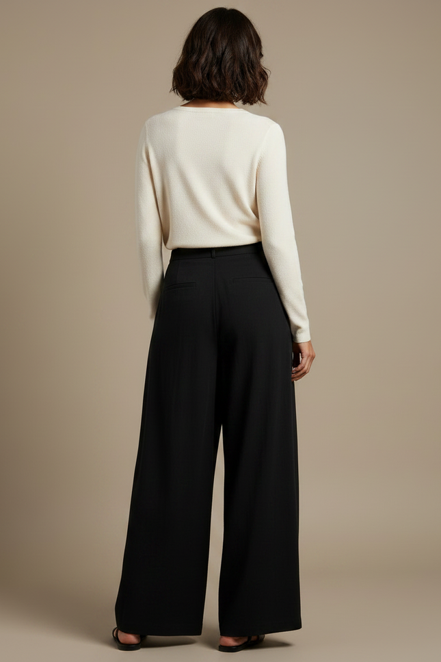 Pantalon Chinois Noir Ample Plissé Décontracté Fluide - Viscose - vue 2